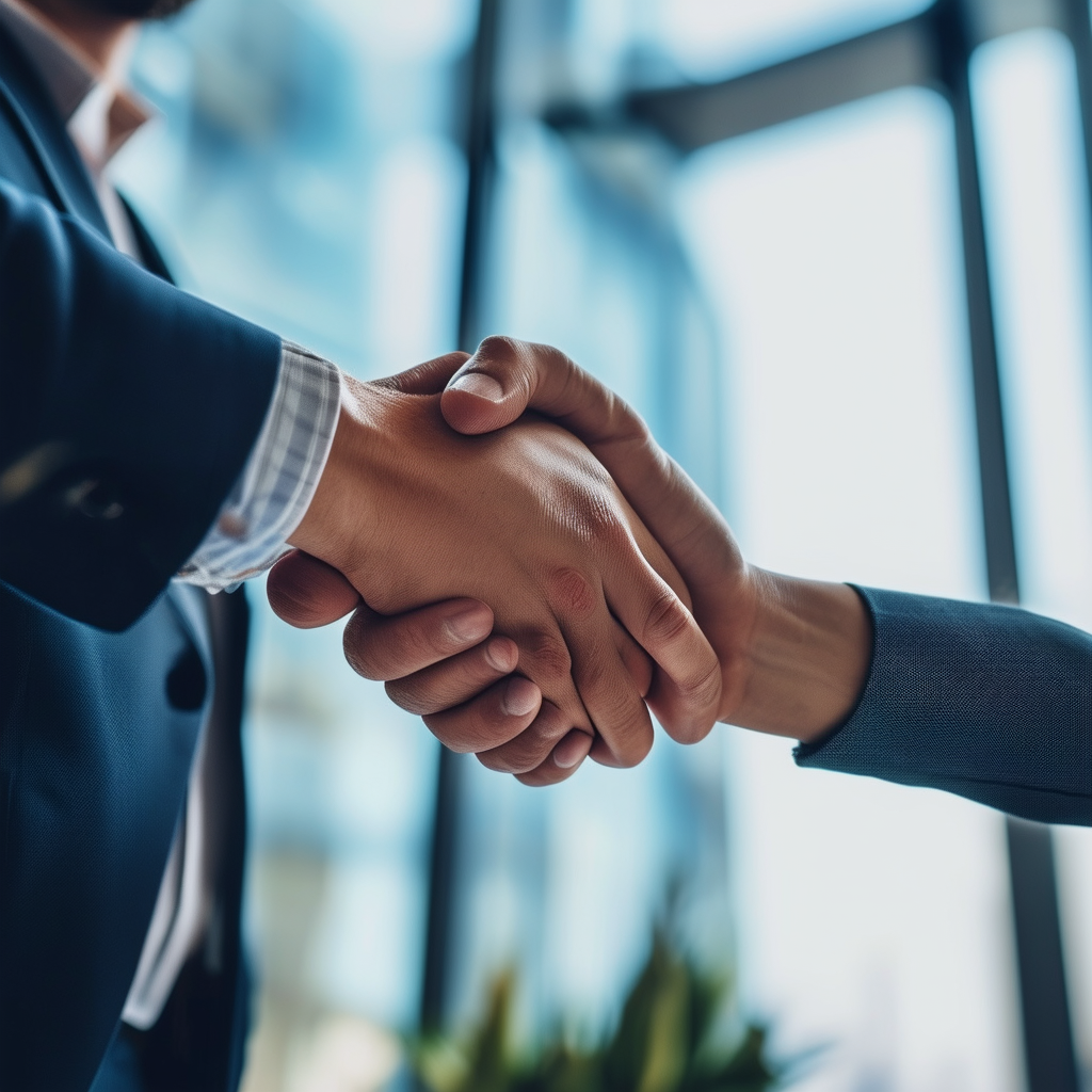 A business leader shaking hands with a digital rec